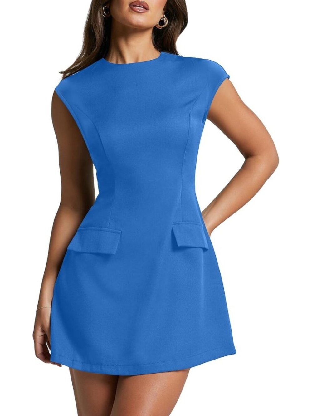Women's Royal Blue Cap Sleeve Mock Neck Mini Dress A-Line Flare Short Dresses